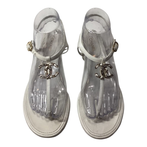 Chanel White T Strap Sandals CX Logo EU 38.5C - Picture 1 of 16